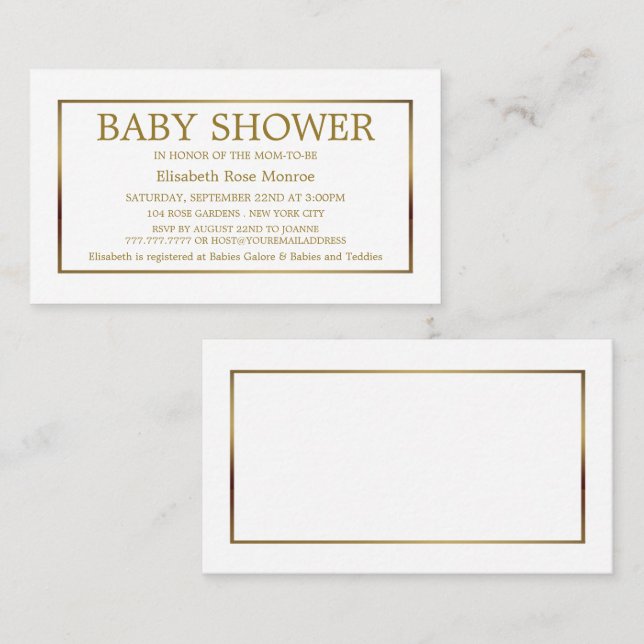 Modern & Sleek, White & Gold Baby Shower Ticket (Front/Back)