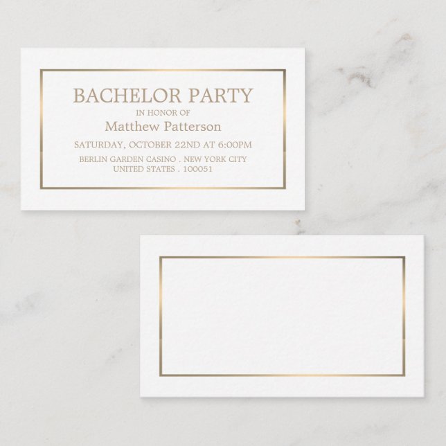 Modern & Sleek, White/Gold Bachelor Party Ticket (Front/Back)