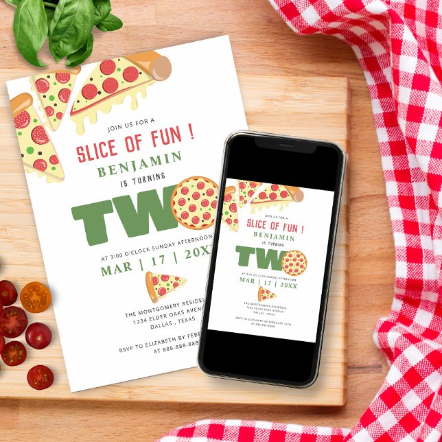 Modern Slice Of Fun 2nd Birthday Pizza Party Boy Invitation (Creator Uploaded)