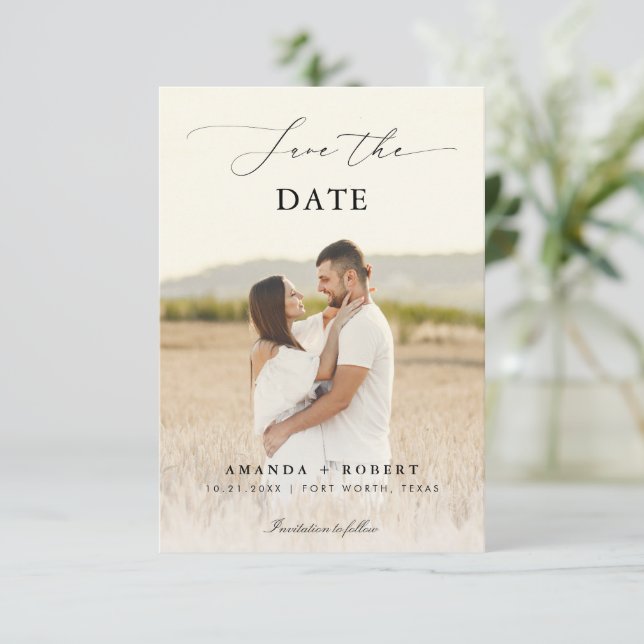 Modern Slightly Faded Photo & Script Wedding Save The Date (Standing Front)