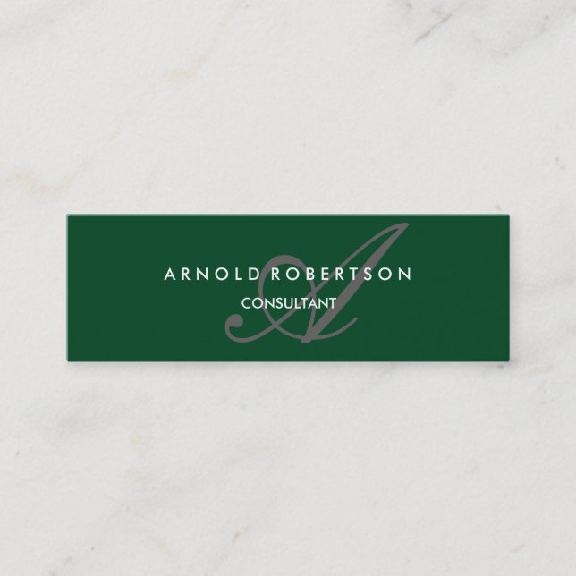 Modern Slim Monogram Trendy Forest Green Grey Mini Business Card (Front)