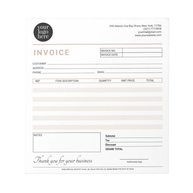 Modern Small Business Invoice Sales Receipt Beige Notepad (Front)