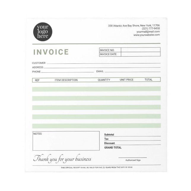 Modern Small Business Invoice Sales Receipt Green Notepad (Front)