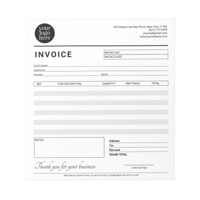 Modern Small Business Invoice Sales Receipt Grey Notepad (Front)