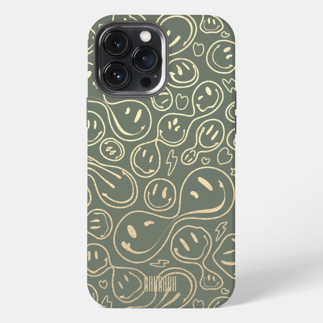 Modern Smile Smiling Face Pattern Moss Green Gold iPhone Case (Back)