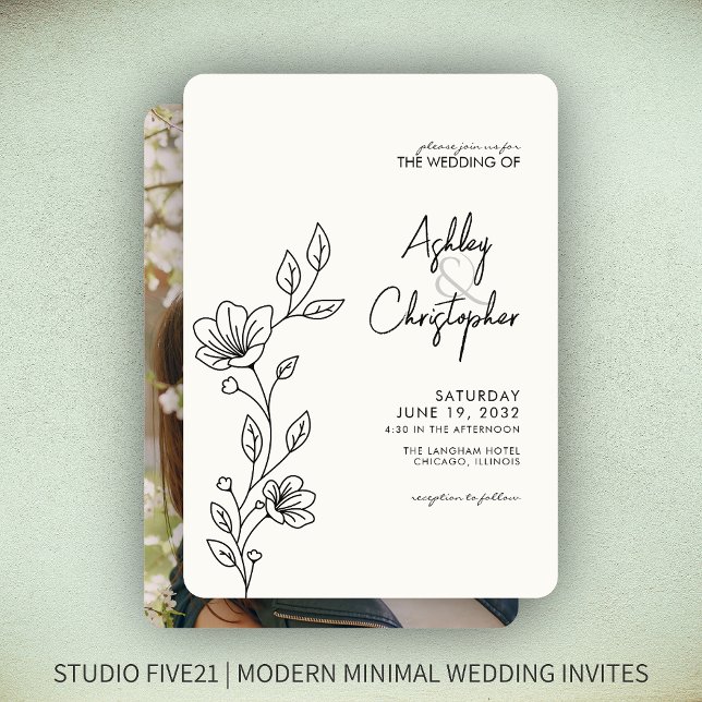 Modern Smokey Black Foliage Outline Photo Wedding Invitation (Creator Uploaded)