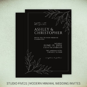 Modern Smokey Black Foliage Outline Wedding Invitation