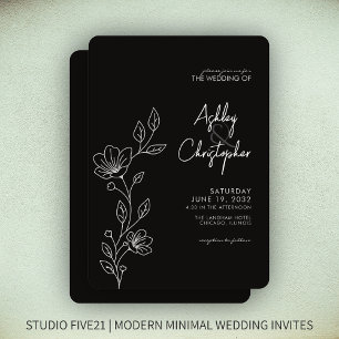 Modern Smokey Black Foliage Outline Wedding Invitation