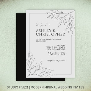 Modern Smokey Black Foliage Outline Wedding Invitation