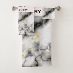Modern Smoky Grey Marble with Gold Ribbon Bath Towel Set