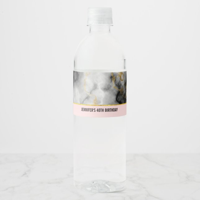 Modern Smoky Grey Marble with Gold Ribbon Birthday Water Bottle Label (Front)
