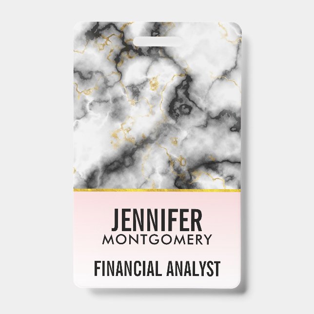 Modern Smoky Grey Marble with Gold Ribbon ID Badge (Front)