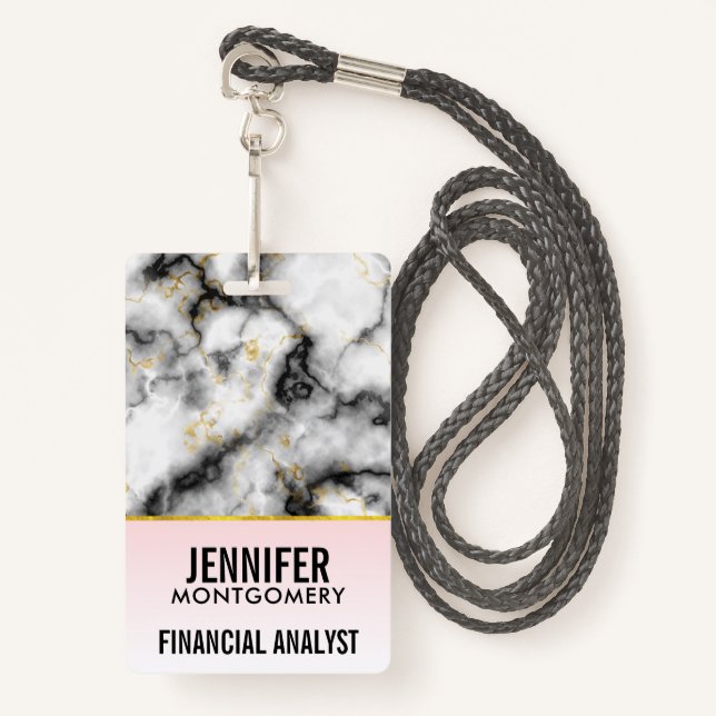 Modern Smoky Grey Marble with Gold Ribbon ID Badge (Front with Lanyard)