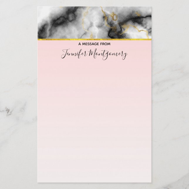 Modern Smoky Grey Marble with Gold Ribbon Stationery (Front)