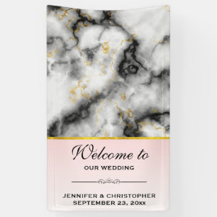 Modern Smoky Grey Marble with Gold Ribbon Wedding Banner