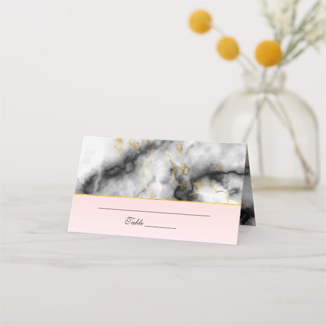 Modern Smoky Grey Marble with Gold Ribbon Wedding Place Card (Front)