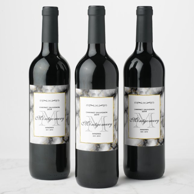 Modern Smoky Grey Marble with Gold Ribbon Wine Label (Bottles)
