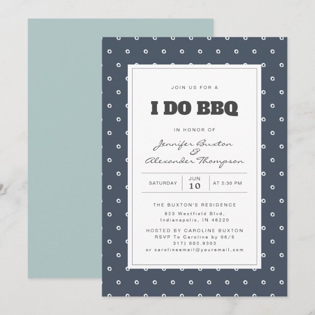 Modern Smoky Navy Dots I Do BBQ Engagement Party Invitation (Front/Back)