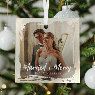 Modern Smudge Newlyweds Photo Married + Merry Glass Tree Decoration