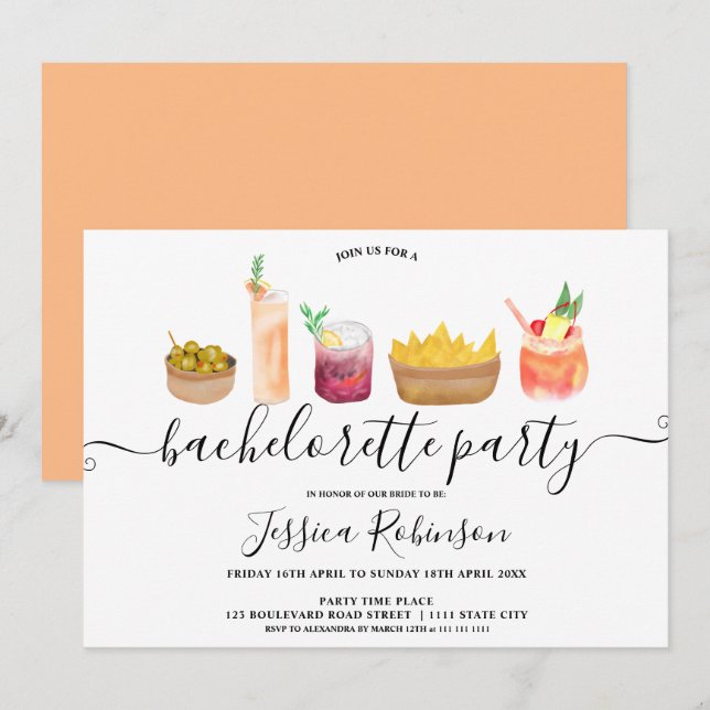 Modern snacks cocktails watercolor bachelorette invitation (Front/Back)
