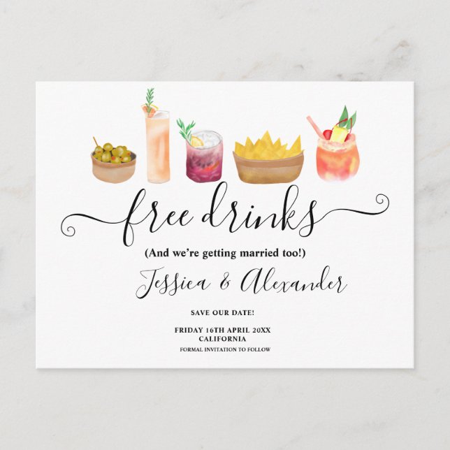 Modern snacks cocktails watercolor save the date postcard (Front)