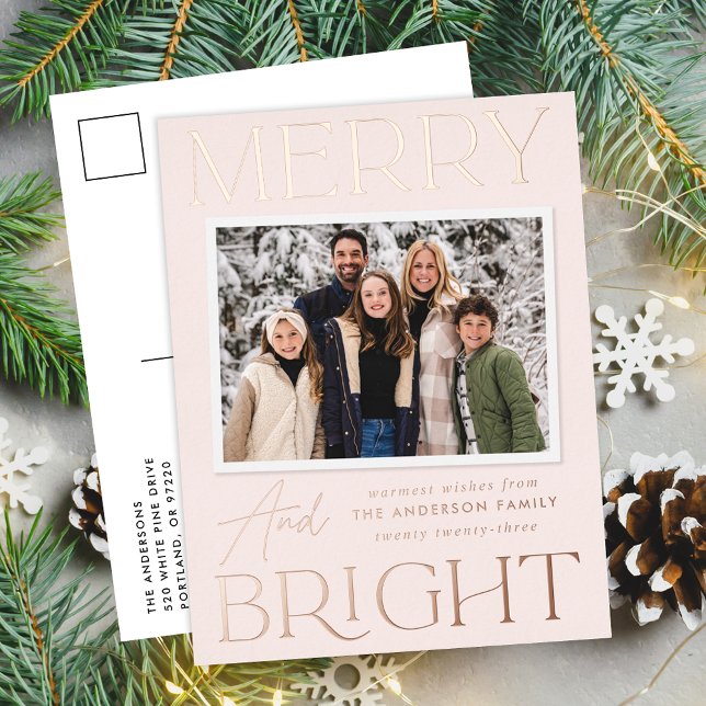 Modern Snapshot Blush Merry and Bright Photo Foil Holiday Postcard (Creator Uploaded)