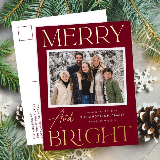 Modern Snapshot Burgundy Merry and Bright Photo Foil Holiday Postcard (Creator Uploaded)