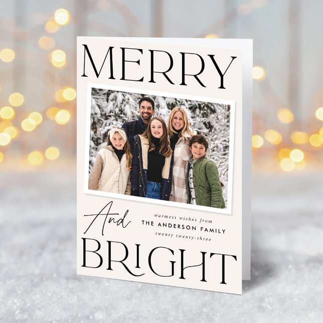 Modern Snapshot Cream Merry and Bright 2 Photo Holiday Card (Creator Uploaded)