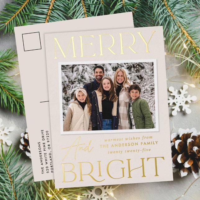 Modern Snapshot Cream Merry and Bright Photo Foil Holiday Postcard (Creator Uploaded)