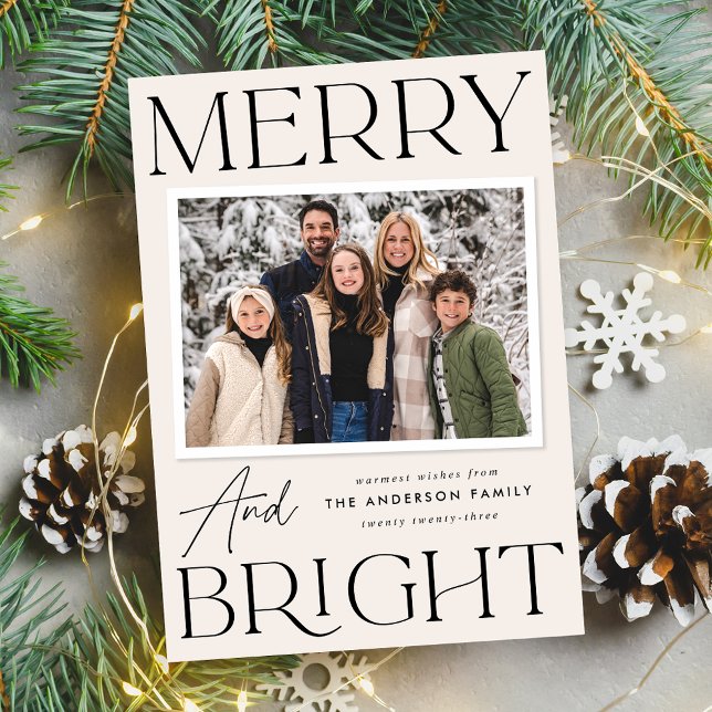 Modern Snapshot Cream Merry and Bright Photo Holiday Card (Creator Uploaded)