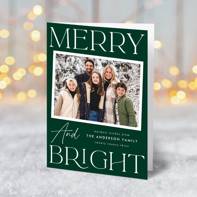 Modern Snapshot Green Merry and Bright 2 Photo Holiday Card (Creator Uploaded)
