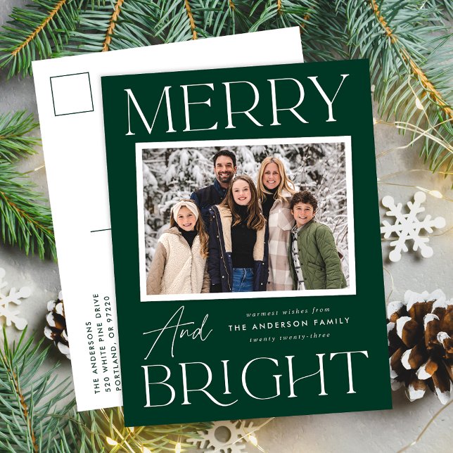Modern Snapshot Green Merry and Bright Photo Holiday Postcard (Creator Uploaded)