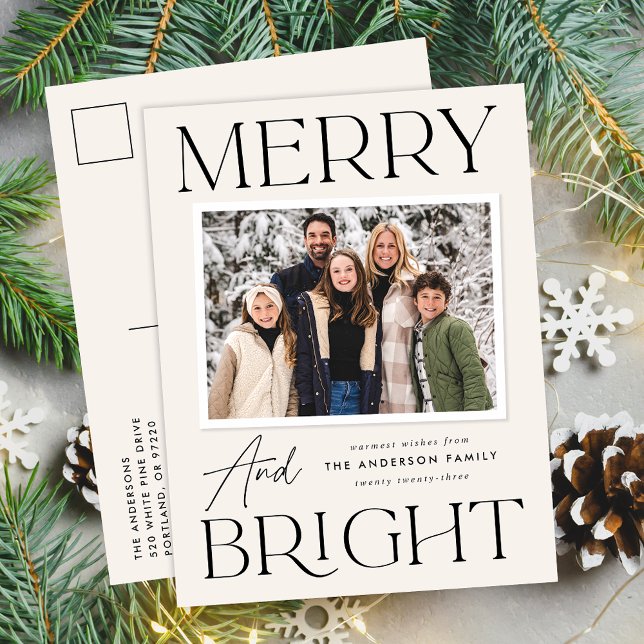 Modern Snapshot Merry and Bright Photo Holiday Postcard (Creator Uploaded)