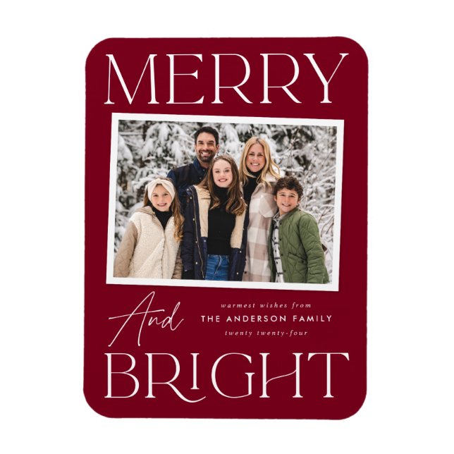 Modern Snapshot Merry and Bright Photo Magnet (Vertical)