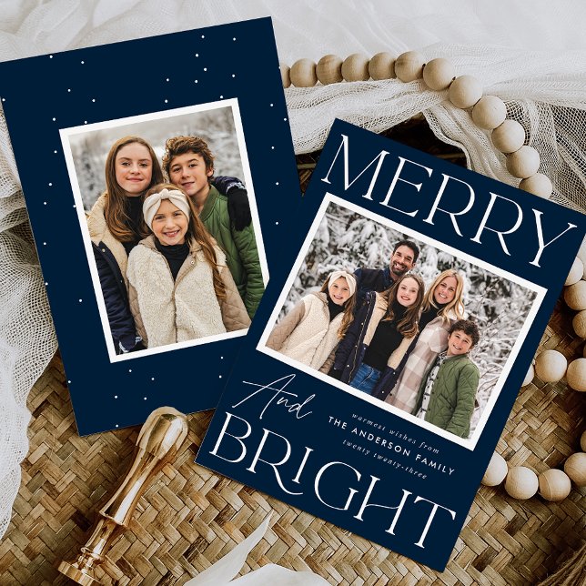 Modern Snapshot Navy Merry and Bright 2 Photo Holiday Card (Creator Uploaded)