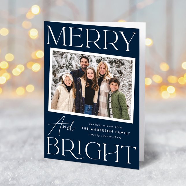 Modern Snapshot Navy Merry and Bright 2 Photo Holiday Card (Creator Uploaded)