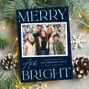 Modern Snapshot Navy Merry and Bright Photo Holiday Card