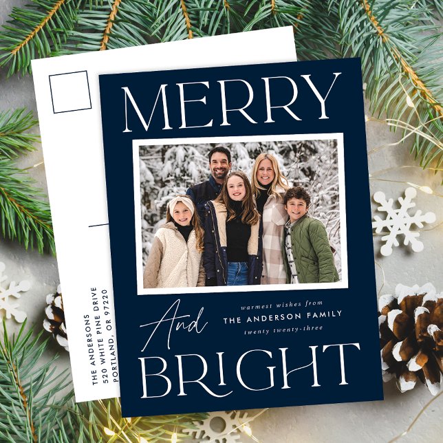 Modern Snapshot Navy Merry and Bright Photo Holiday Postcard (Creator Uploaded)
