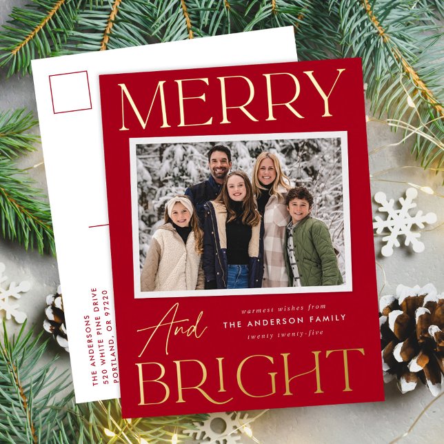 Modern Snapshot Red Merry and Bright Photo Foil Holiday Postcard (Creator Uploaded)