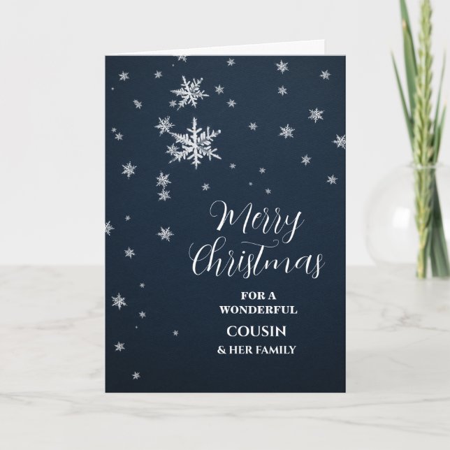 Modern Snow Cousin & Family Merry Christmas Card (Front)