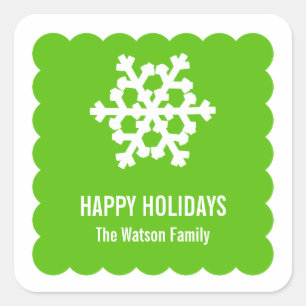 Modern snow flake green scallop christmas holiday square sticker