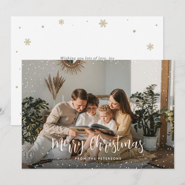 Modern Snow Photo Merry Christmas Holiday Card (Front/Back)