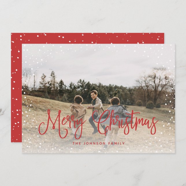 Modern Snow Script 2 Photo Holiday Card (Front/Back)