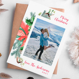 Modern Snow White Watercolor Festive Greens Photo Holiday Card