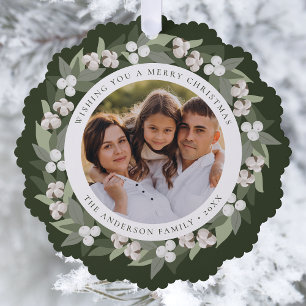 Modern Snowberry Greenery Wreath Photo Tree Decoration Card