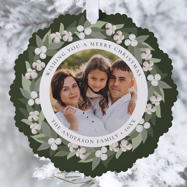 Modern Snowberry Greenery Wreath Photo Tree Decoration Card (Creator Uploaded)