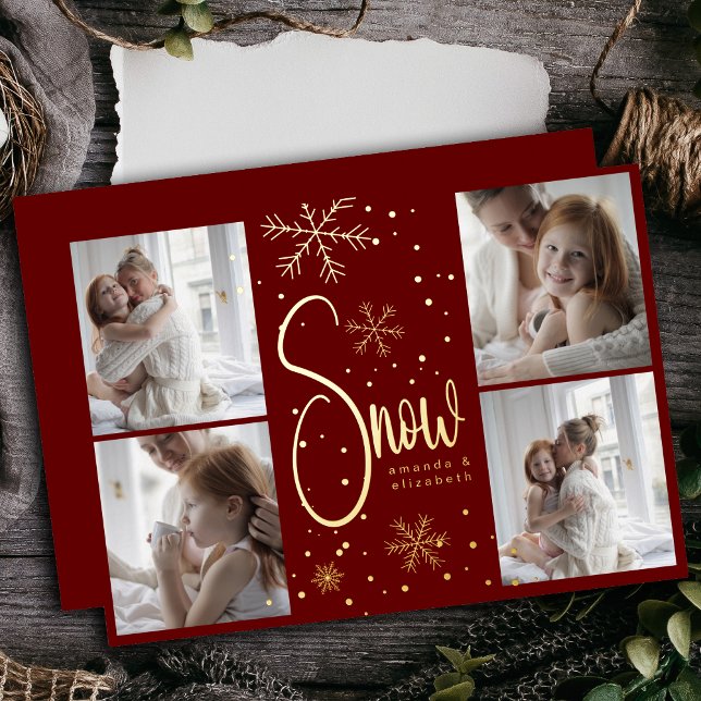 Modern Snowflake 4 Family Pictures Christmas 2023 Foil Holiday Card (Creator Uploaded)