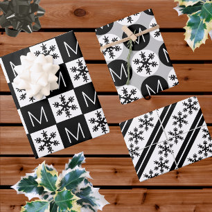 Modern Snowflake Add Monogram Black And White Wrapping Paper Sheet