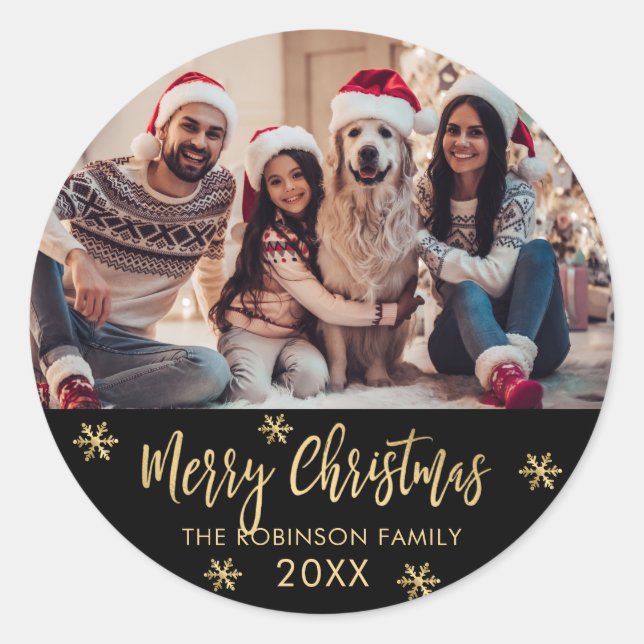 Modern Snowflake Black and Gold Photo Christmas Classic Round Sticker (Front)
