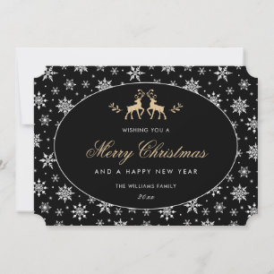 Modern Snowflake Black White Gold Reindeer Holiday Card